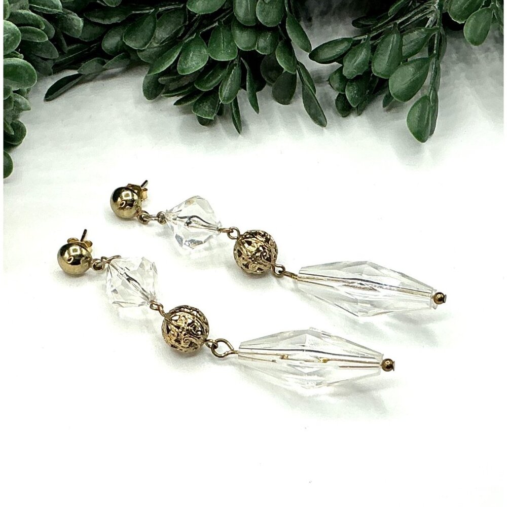 Vintage Clear Resin and Gold-Tone Filigree Beaded Drop Earrings
